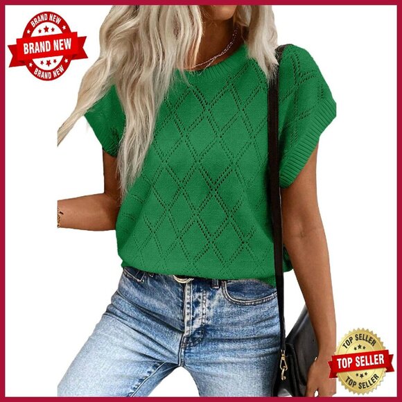 Sweaters - Cable Knit Short Sleeve Sweater Lightweight Pullover Loose Fit